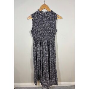 Floral Print Midi Dress Sleeveless Smocked Waist Mock Neck Womens Sz Large